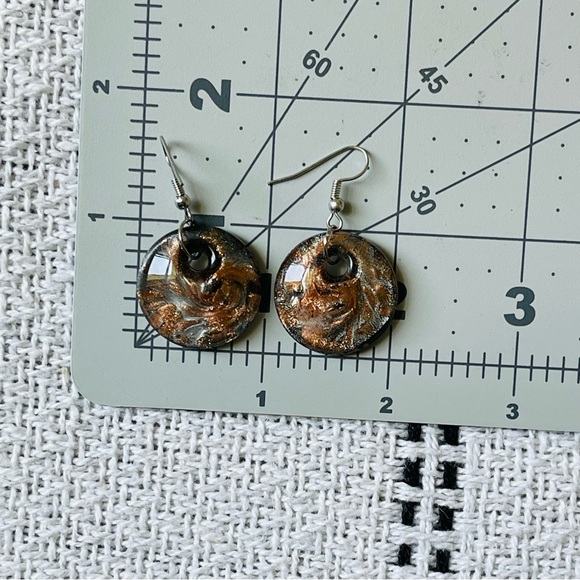 Dichroic Art Glass Gold Bronze Disc Shape Dangle Drop Silver Tone Earrings - Picture 6 of 6